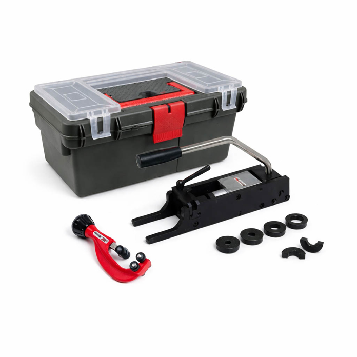 AZ INTEC komplet za montažu savitljivih inox cevi sa presom Cats, čeljustima DN8–DN25 i sekačem cevi u plastičnoj kutiji