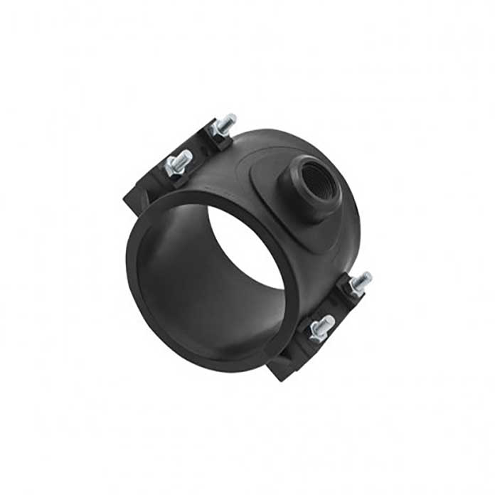 Plastična sedlasta obujmica 110 mm sa 3/4" unutrašnjim navojem za bočni priključak na PE cev