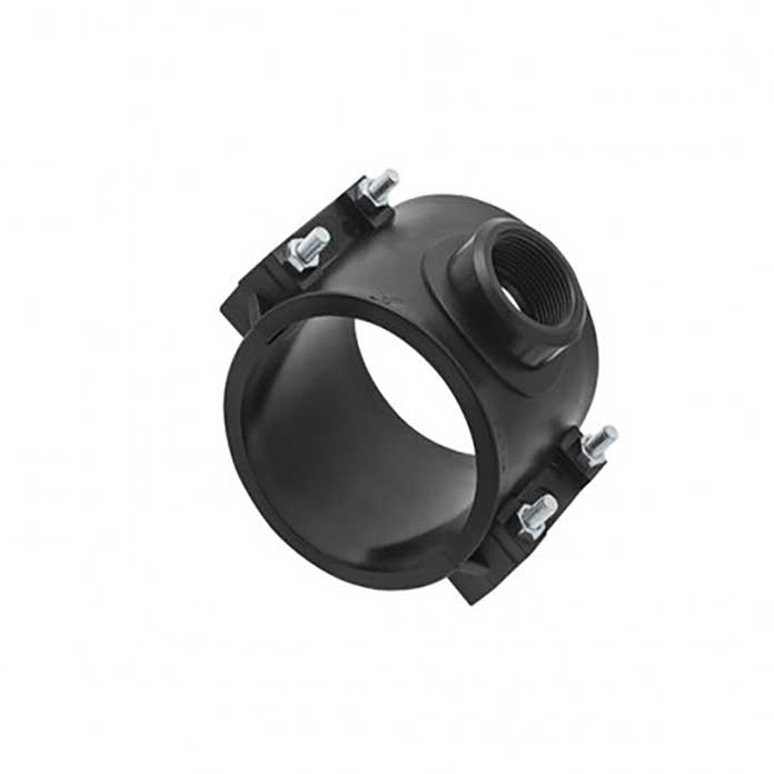 Plastična sedlasta obujmica 110 mm sa 5/4" unutrašnjim navojem za bočni priključak na PE cev