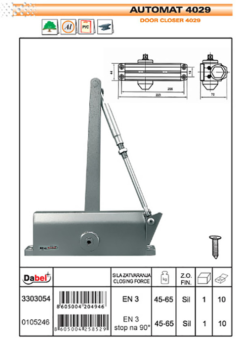 Slika Automat za vrata DABEL 4029 Silver stop na 75° – 0105246