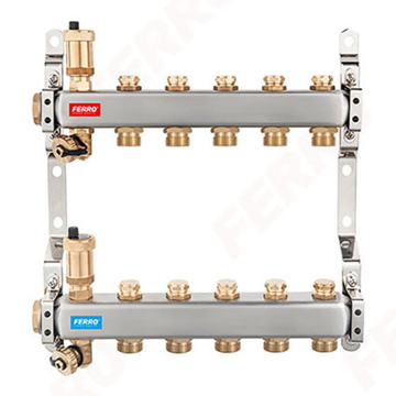 FERRO inox razdelni set SN-ROU08S sa osam izlaza, zapornim ventilima, automatskim odzračnim ventilima i nosačima za montažu