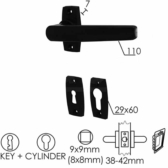 Slika Kvaka rozeta za vrata DABEL PVC-EKO crna 29x60/7/110/8/9 mm ključ + cilindar 0101976