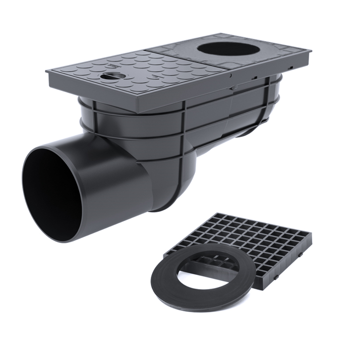 Plastični horizontalni olučnjak KV-110-B sa izlazom Ø110 mm i zaštitnom rešetkom za odvod atmosferskih voda