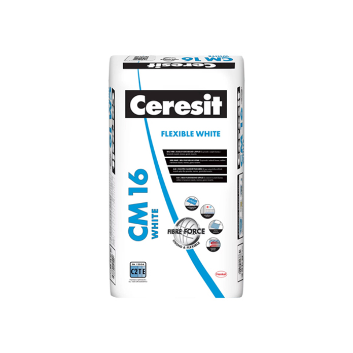 Ceresit CM 16 WHITE beli fleksibilni lepak za prirodni kamen, mermer, granit i keramičke pločice, pakovanje 25 kg