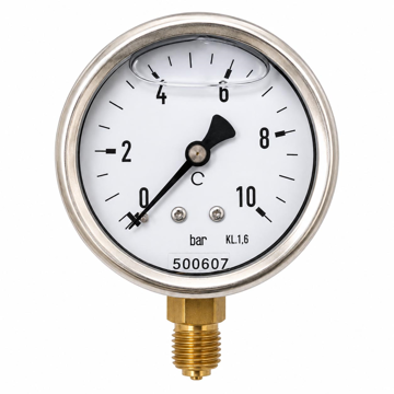 Radijalni manometar sa glicerinom 0–10 bar, 1/4" spoljni navoj, prečnik Ø63 mm