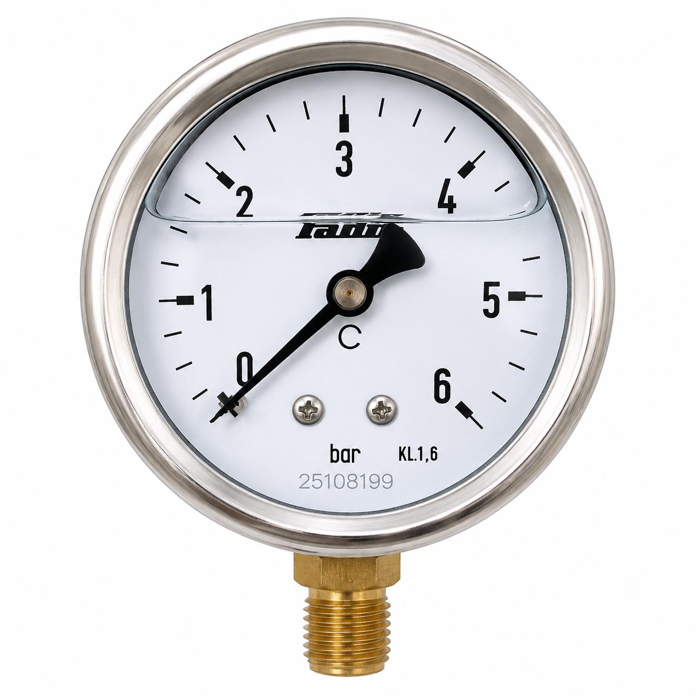 Radijalni manometar sa glicerinom 0–6 bar, 1/4" spoljni navoj, prečnik Ø63 mm