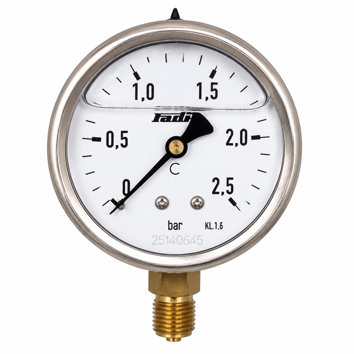 Radijalni manometar sa glicerinom 0–2,5 bar, 1/4" spoljni navoj, prečnik Ø63 mm