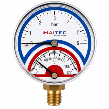 Radijalni termomanometar 0–6 bar i 0–120°C sa 1/2" spoljnim navojem i prečnikom Ø80 mm