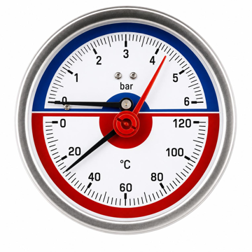 Aksijalni termomanometar 0–6 bar i 0–120°C sa 1/2" spoljnim navojem i prečnikom Ø80 mm