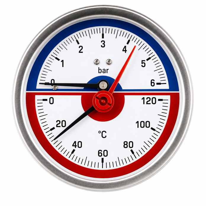 Aksijalni termomanometar 0–6 bar i 0–120°C sa 1/2" spoljnim navojem i prečnikom Ø80 mm