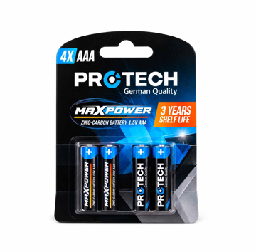 PROTECH Max Power AAA 1.5V cink-karbon baterije, fabričko pakovanje od 4 komada, maksimalni kapacitet 450 mAh, za daljinske upravljače i satove