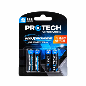 PROTECH Max Power AAA LR03 alkalne baterije 1.5V, fabričko pakovanje od 4 komada, maksimalni kapacitet 1400 mAh, rok skladištenja 10 godina