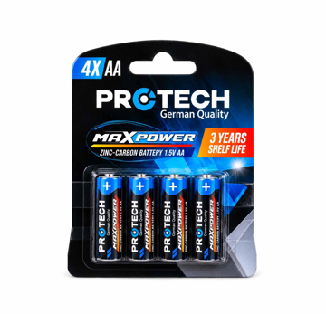 PROTECH Max Power AA 1.5V cink-karbon baterije, fabričko pakovanje od 4 komada, maksimalni kapacitet 900 mAh, za daljinske upravljače i satove