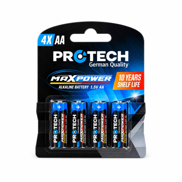 PROTECH Max Power AA LR6 alkalne baterije 1.5V, fabričko pakovanje od 4 komada, kapacitet do 3500 mAh, deklarisani rok skladištenja 10 godina