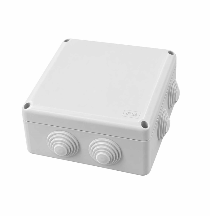 Nadgradna razvodna kutija za elektroinstalacije dimenzija 150x150x70 mm, sa 8 kablovskih uvoda, stepenom zaštite IP56 i temperaturnim opsegom -25 do +60 °C